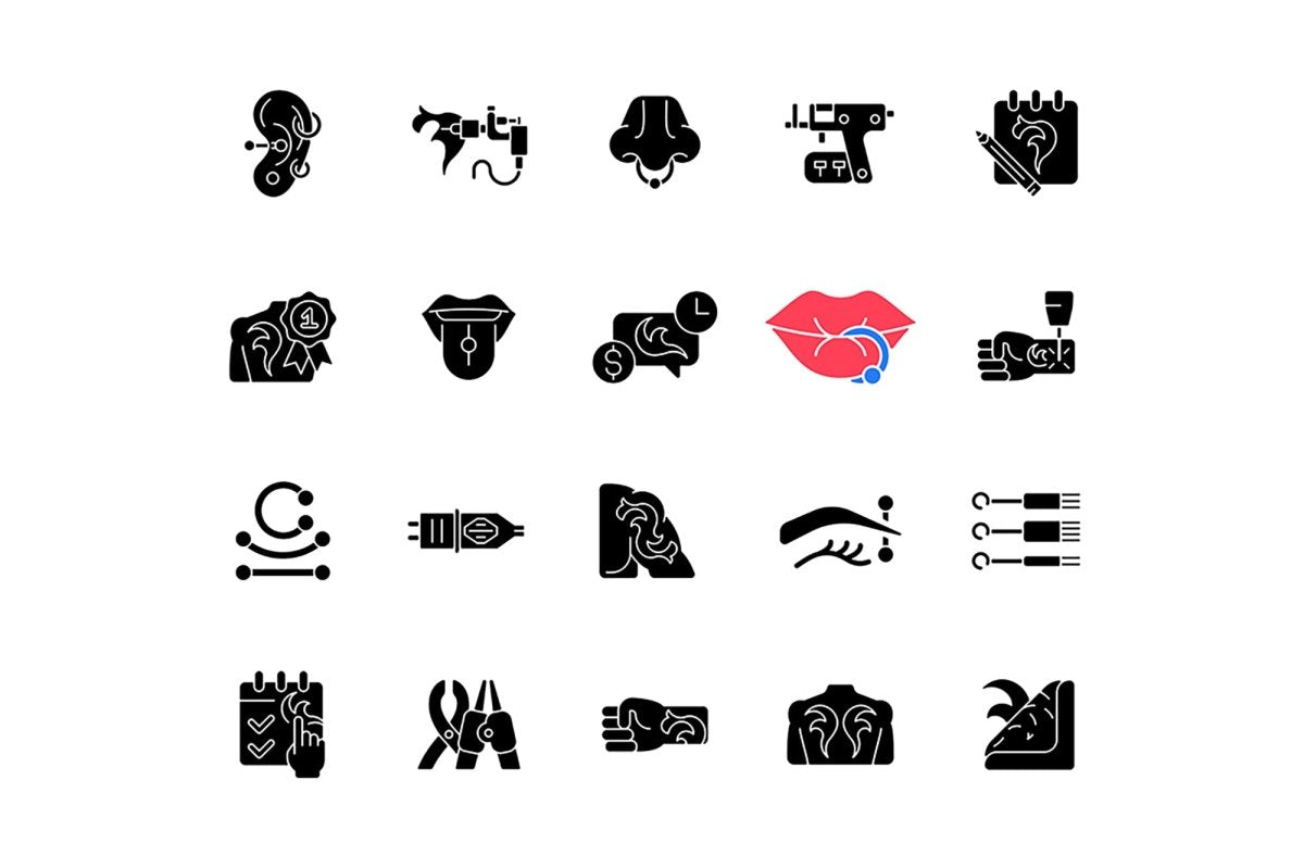 Tattoo and piercing black glyph icons set on white space