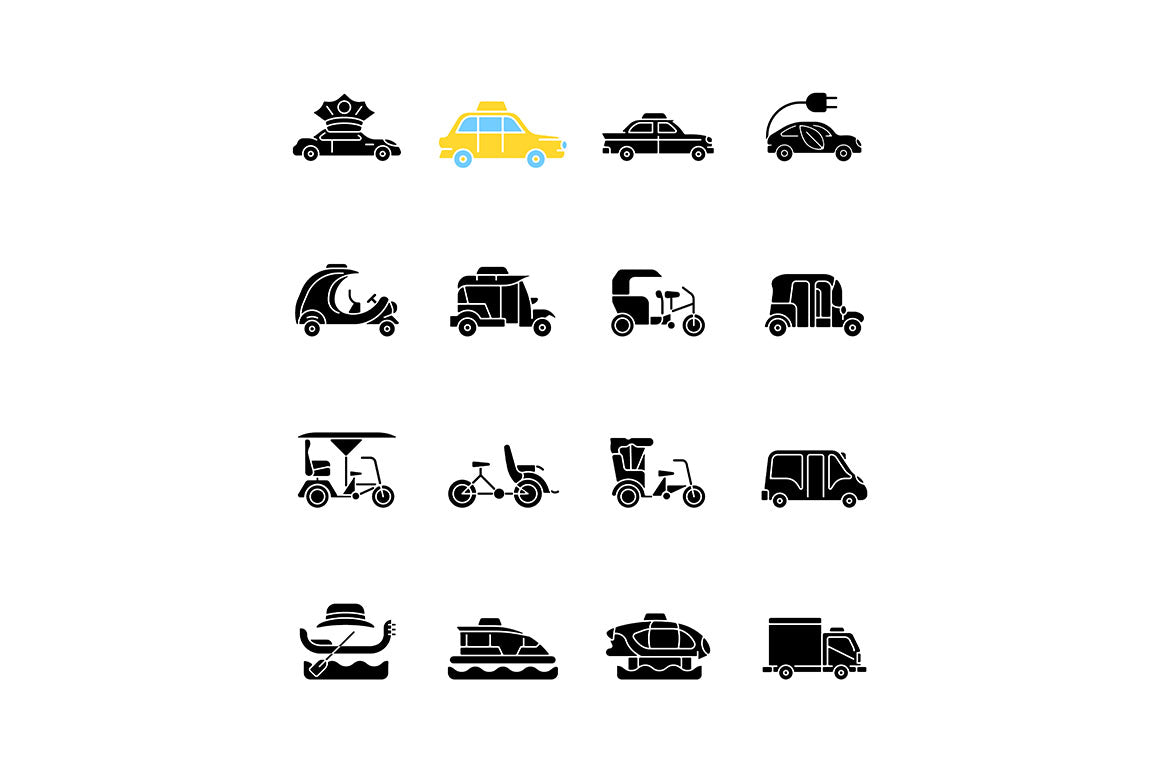 Taxi types black glyph icons set on white space
