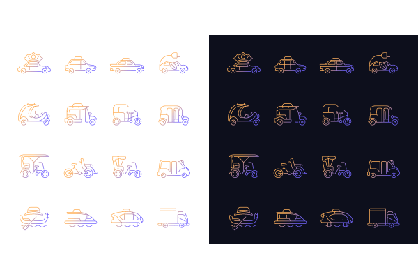 Taxi types gradient icons set for dark and light mode