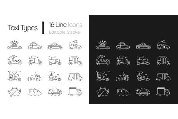 Taxi types linear icons set for dark and light mode