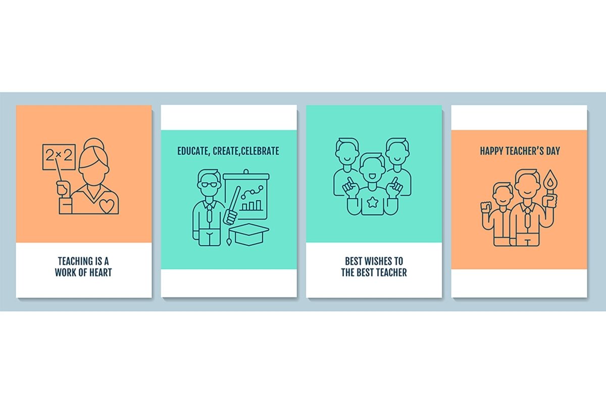 Teachers day worldwide postcards with linear glyph icon set