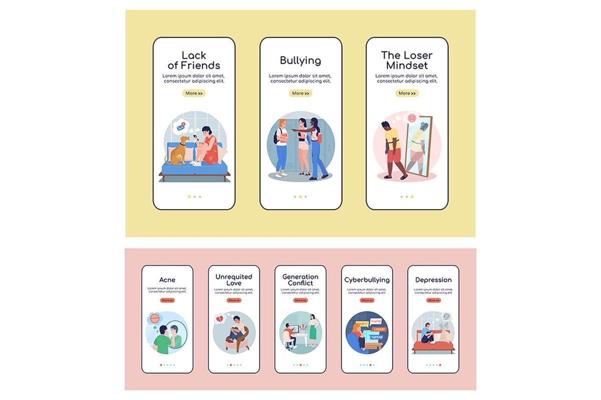 Teen kids problems onboarding mobile app screen vector templates