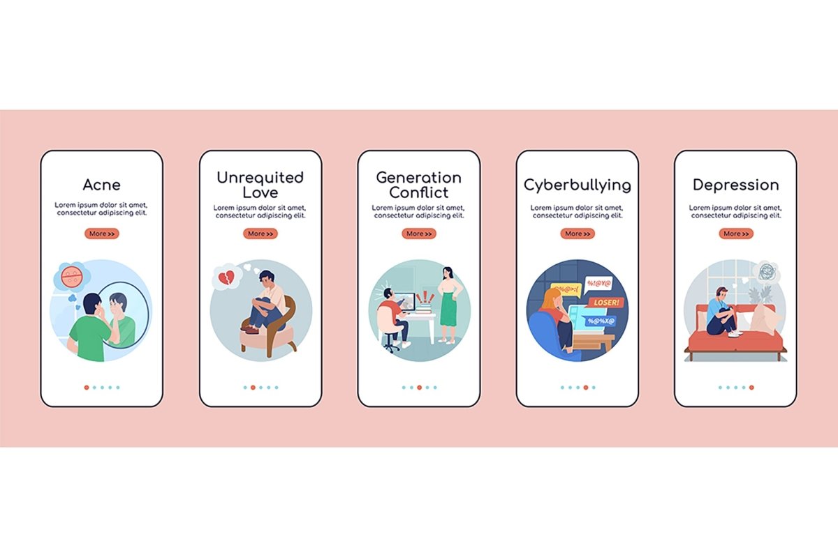 Teen kids problems onboarding mobile app screen vector templates