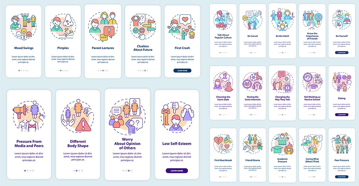 Teenage issues mobile app screen set
