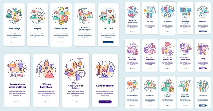 Teenage issues mobile app screen set