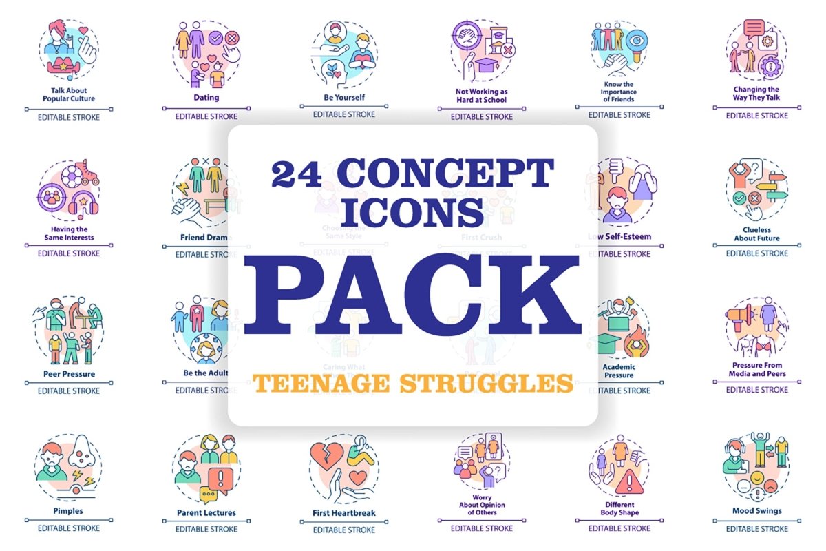 Teenage struggles concept icons bundle