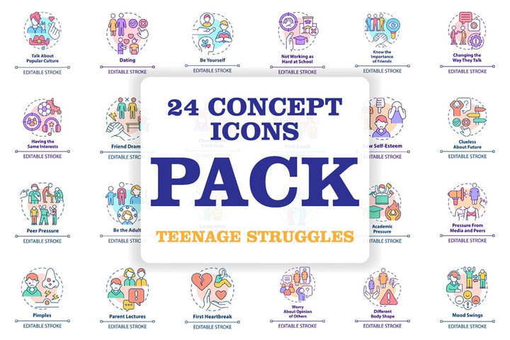 Teenage struggles concept icons bundle