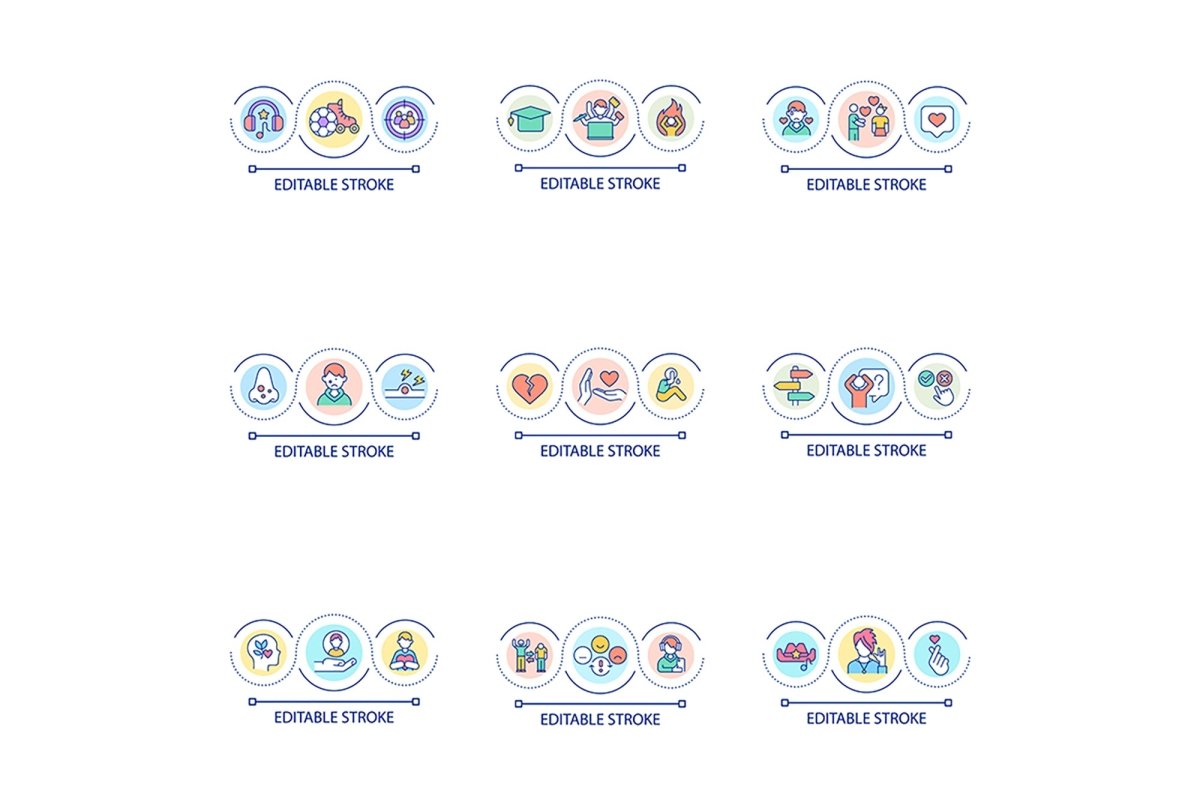 Teenage struggles loop concept icon set
