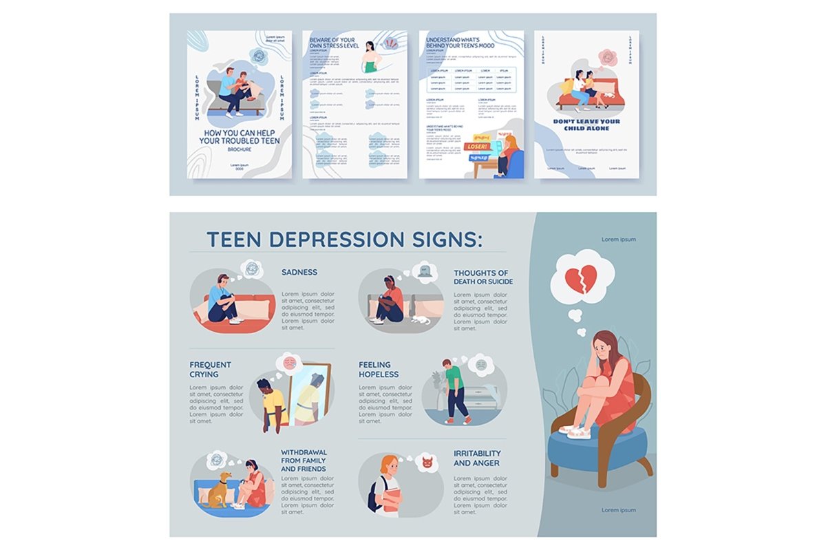 Teenager depression signs flat color vector template set