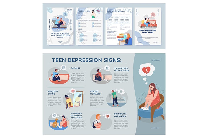 Teenager depression signs flat color vector template set