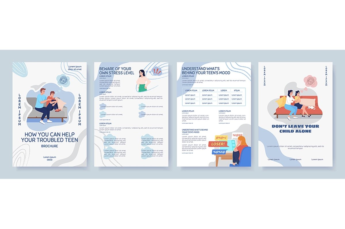 Teenager depression signs flat color vector template set
