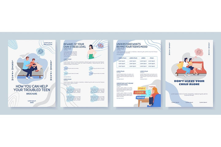 Teenager depression signs flat color vector template set