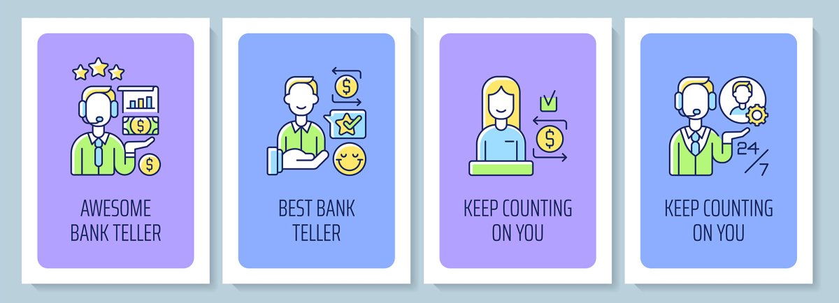 Teller appreciation week greeting card with color icon element set