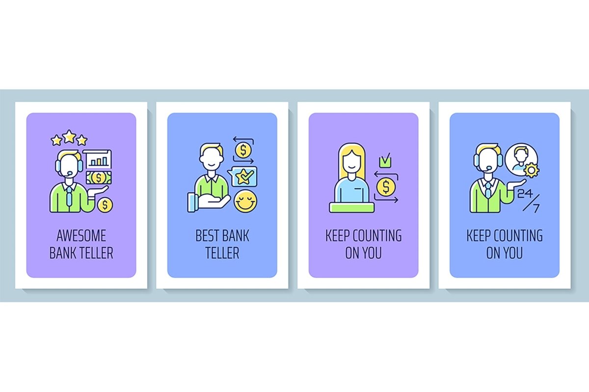 Teller appreciation week greeting card with color icon element set