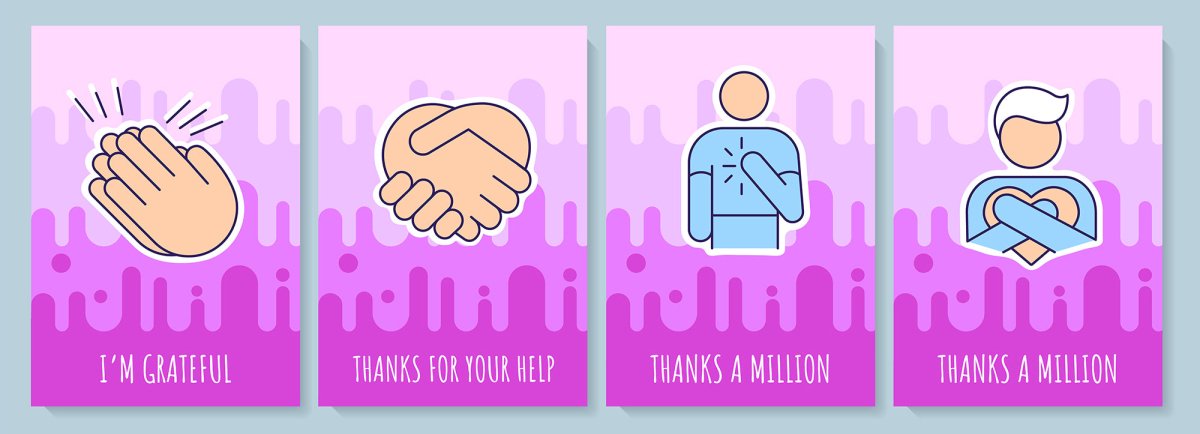 Thank you greeting cards with color icon element set