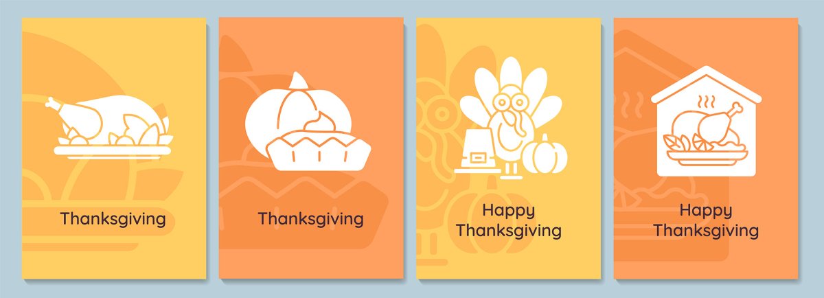 Thanksgiving celebration greeting cards with glyph icon element set