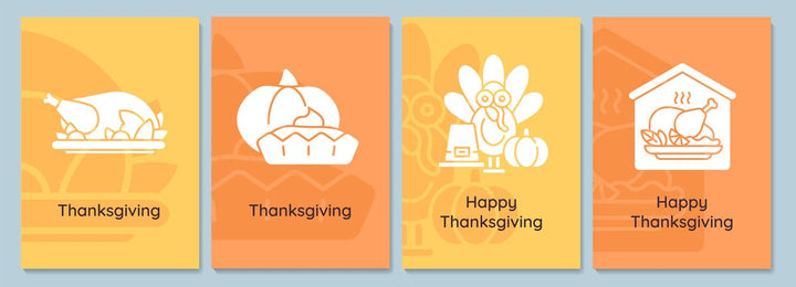 Thanksgiving celebration greeting cards with glyph icon element set