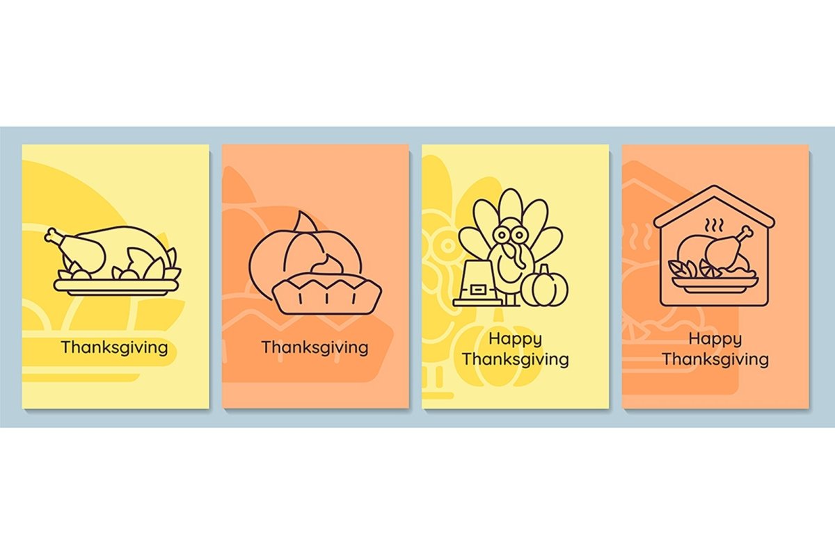 Thanksgiving holidays postcards with linear glyph icon set
