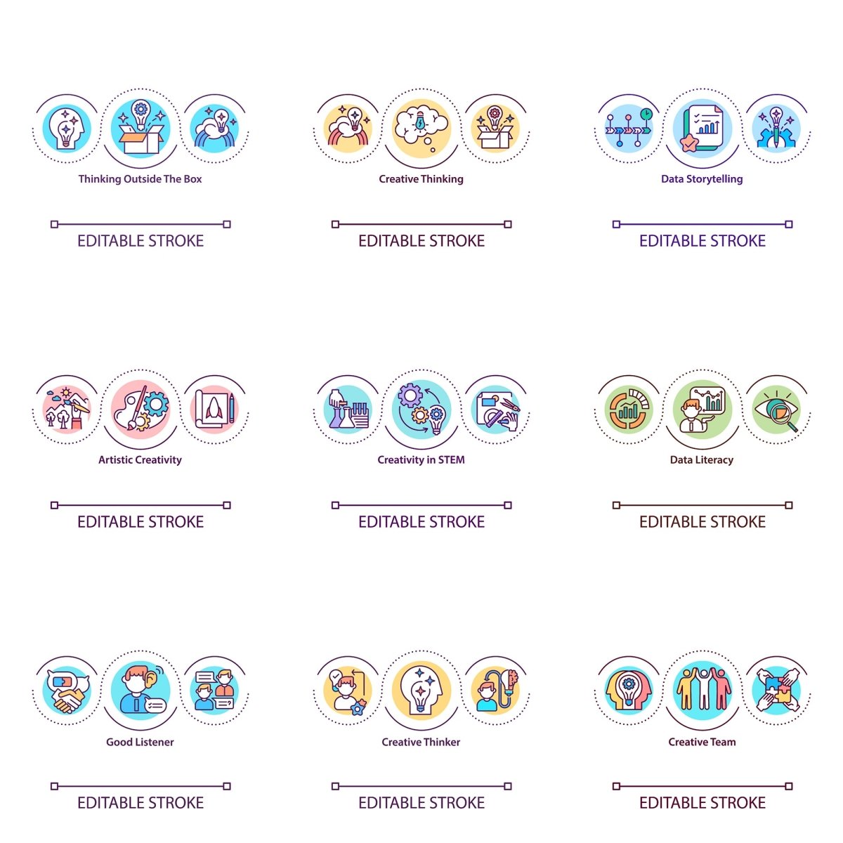 Thinking and creativity concept icons bundle