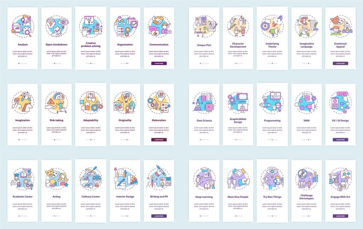 Thinking and creativity onboarding mobile app page screen bundle