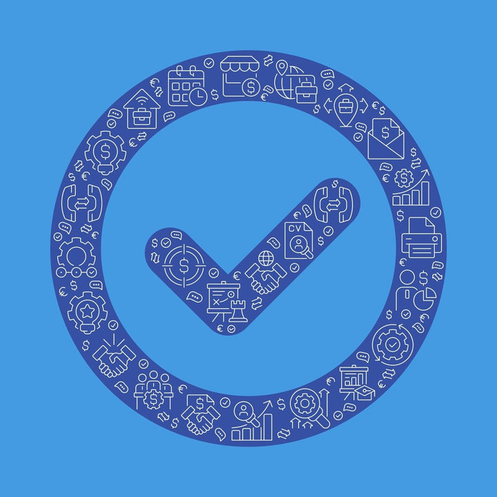 Tick in circle pixel perfect shaped concept filled with editable linear icons