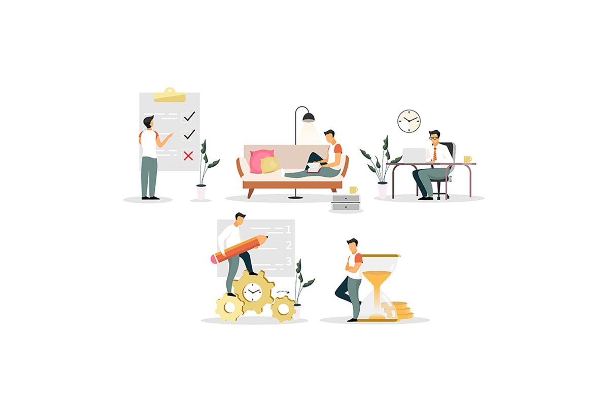 Time management flat vector illustrations set