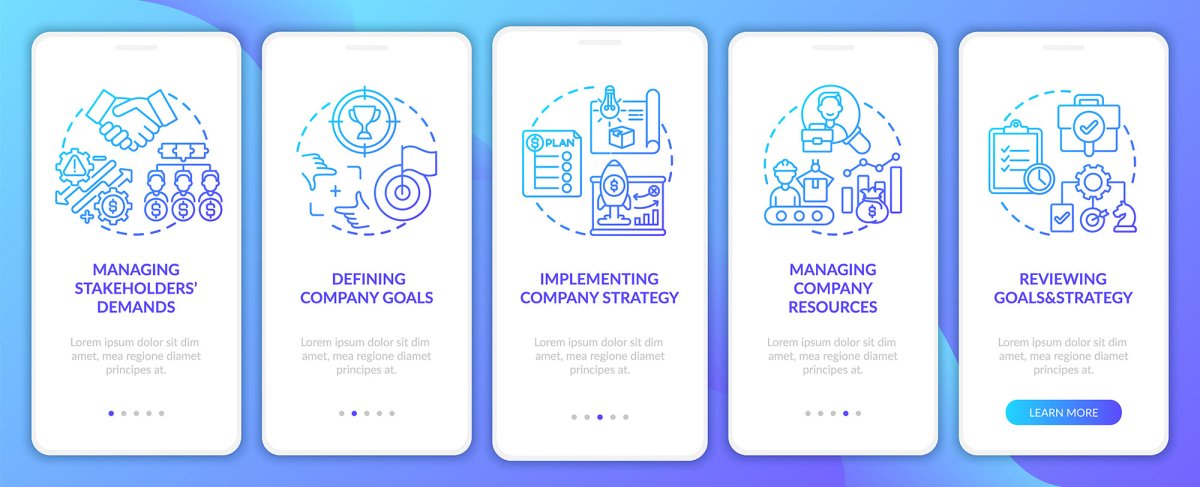 Top management onboarding mobile app page screen bundle