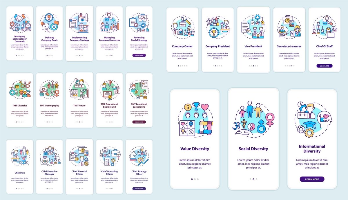 Top management onboarding mobile app page screen bundle
