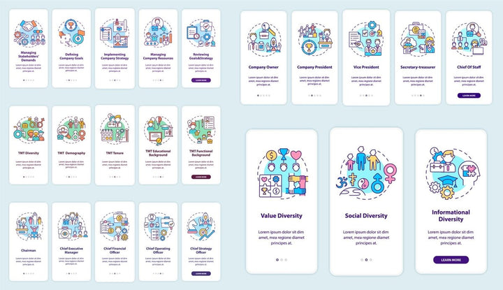 Top management onboarding mobile app page screen bundle