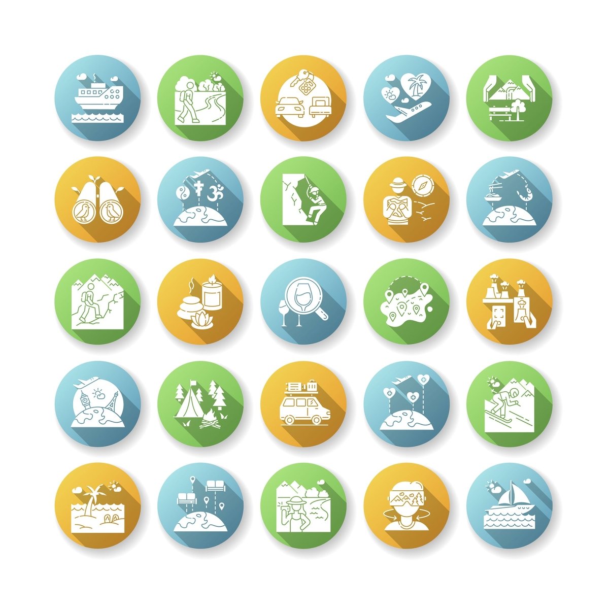 Tourism flat design long shadow glyph icons set
