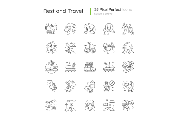 Tourism pixel perfect linear icons set