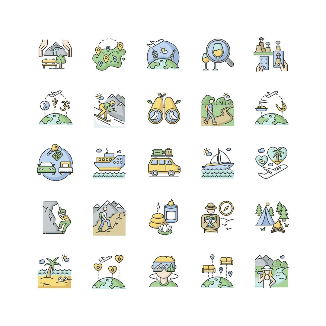 Tourism RGB color icons set