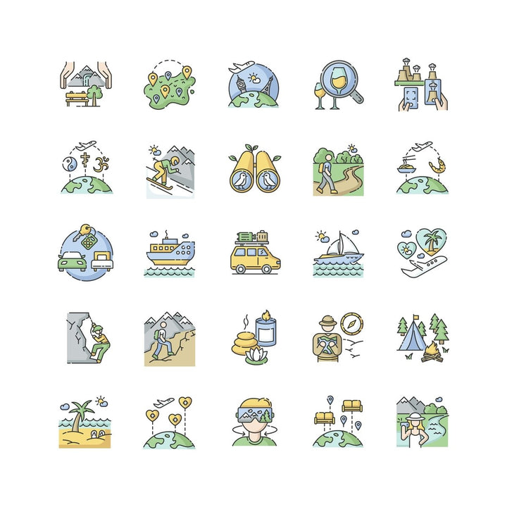 Tourism RGB color icons set