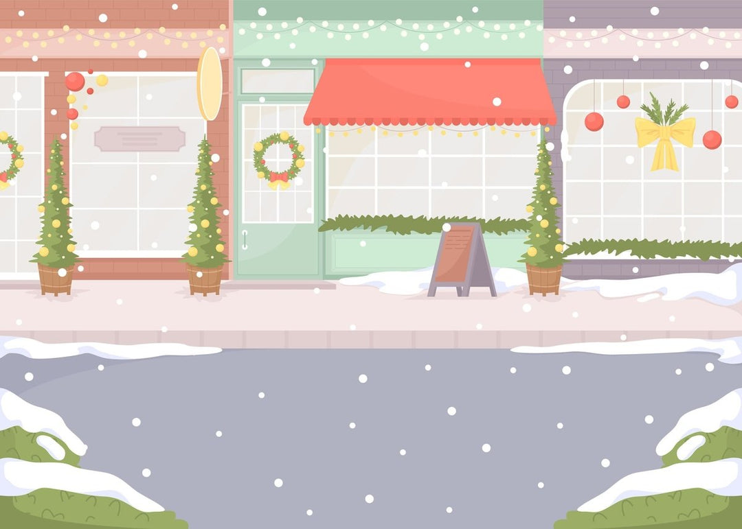 Town street with falling snowflakes flat color vector illustration