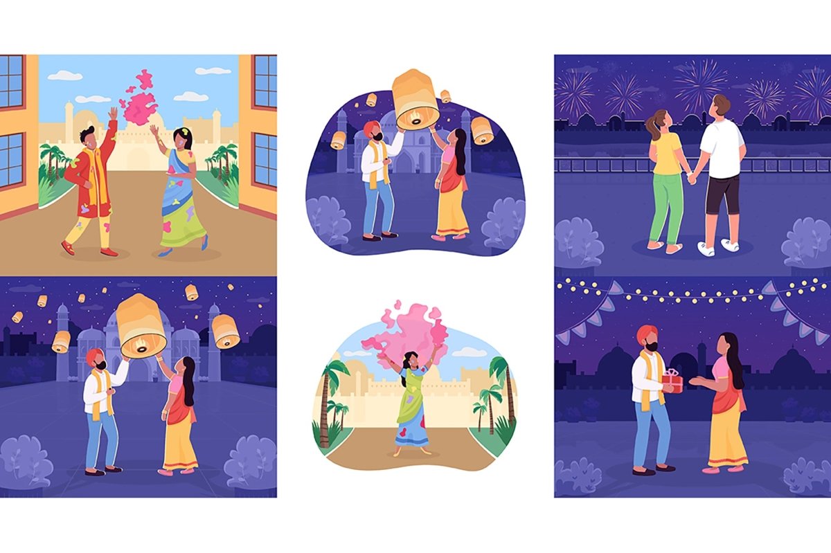 Traditional indian holiday color vector illustrations