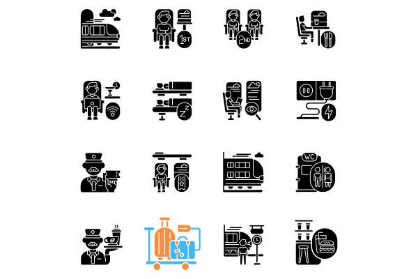 Train services black glyph icons set
