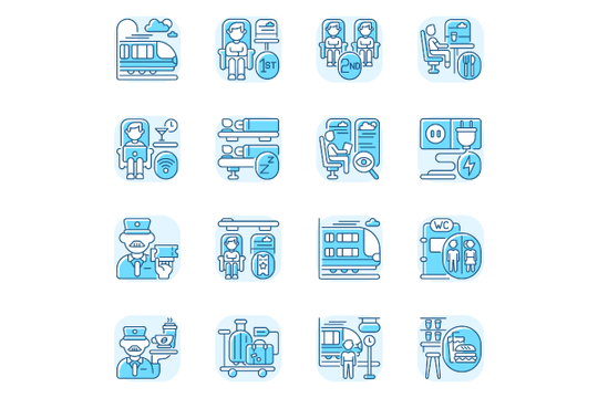 Train services blue RGB color icons set