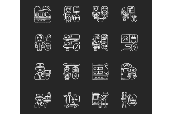Train services chalk white icons set on black background