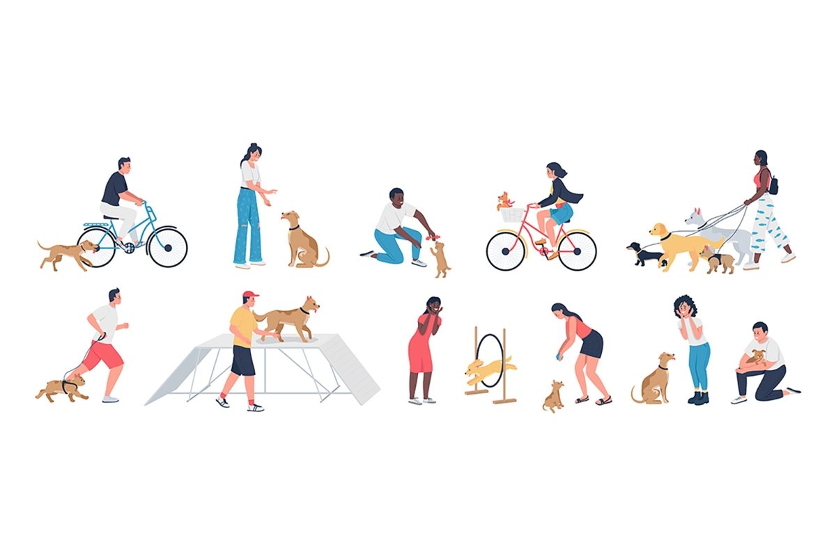 Training pets semi flat color vector character set