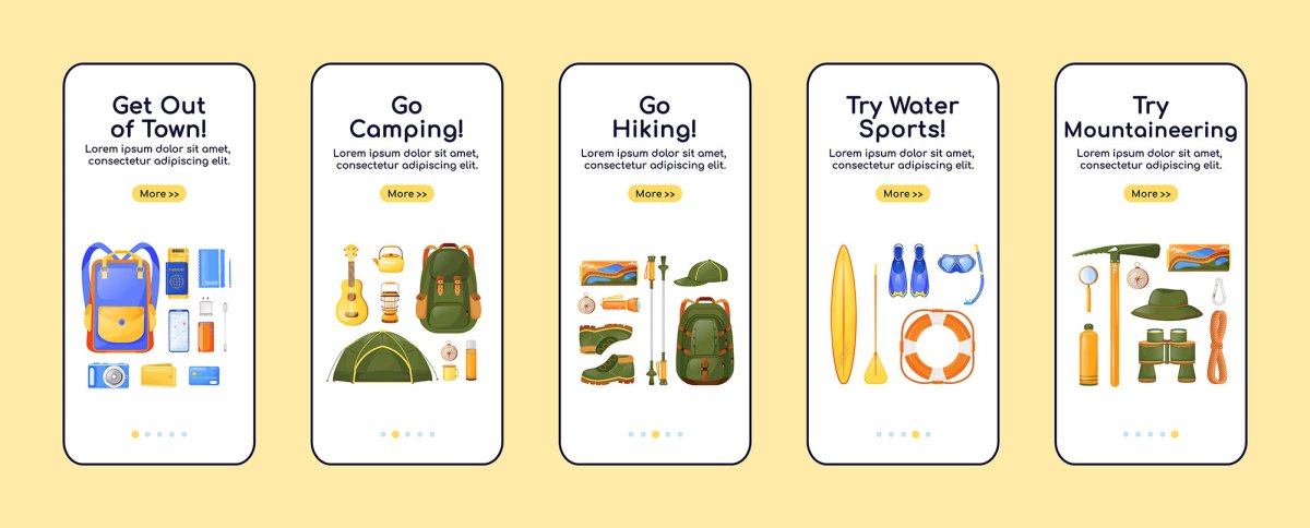 Travel equipment onboarding mobile app screen flat vector template set