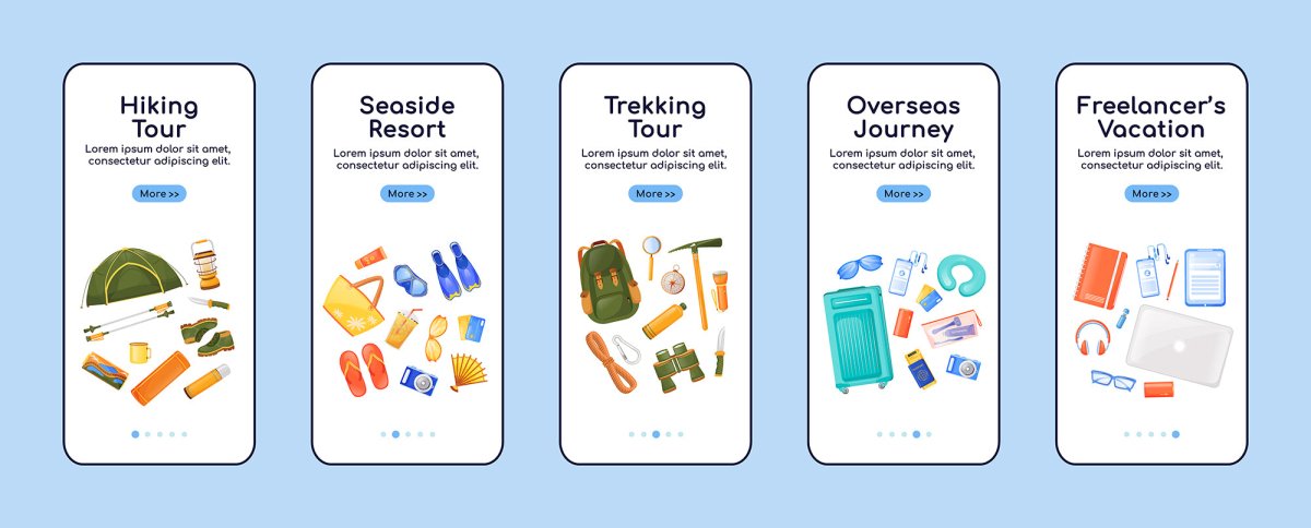 Travel equipment onboarding mobile app screen flat vector template set