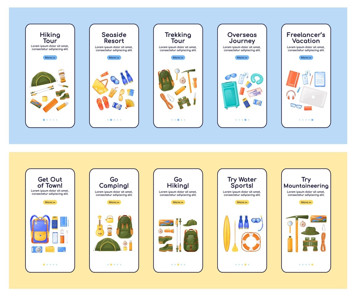 Travel equipment onboarding mobile app screen flat vector template set