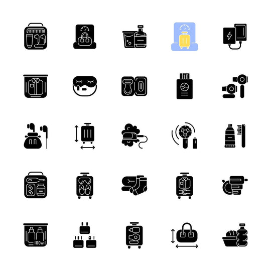 Travel size objects black glyph icons set on white space