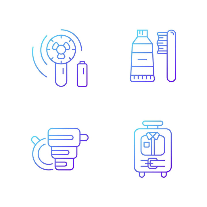Travel size objects gradient linear vector icons set