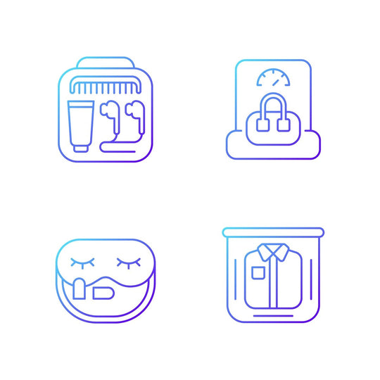 Travel size objects gradient linear vector icons set