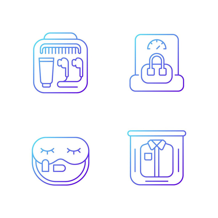 Travel size objects gradient linear vector icons set