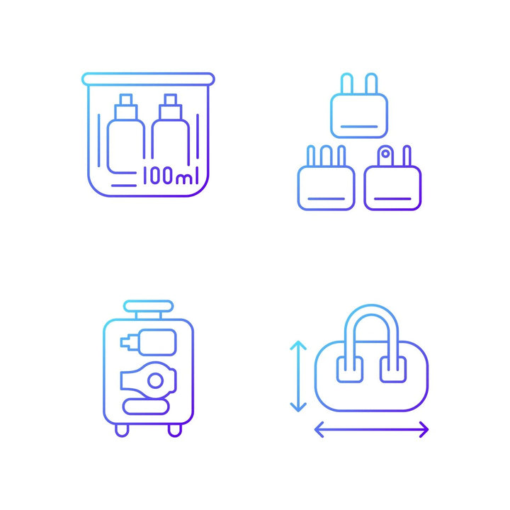 Travel size objects gradient linear vector icons set