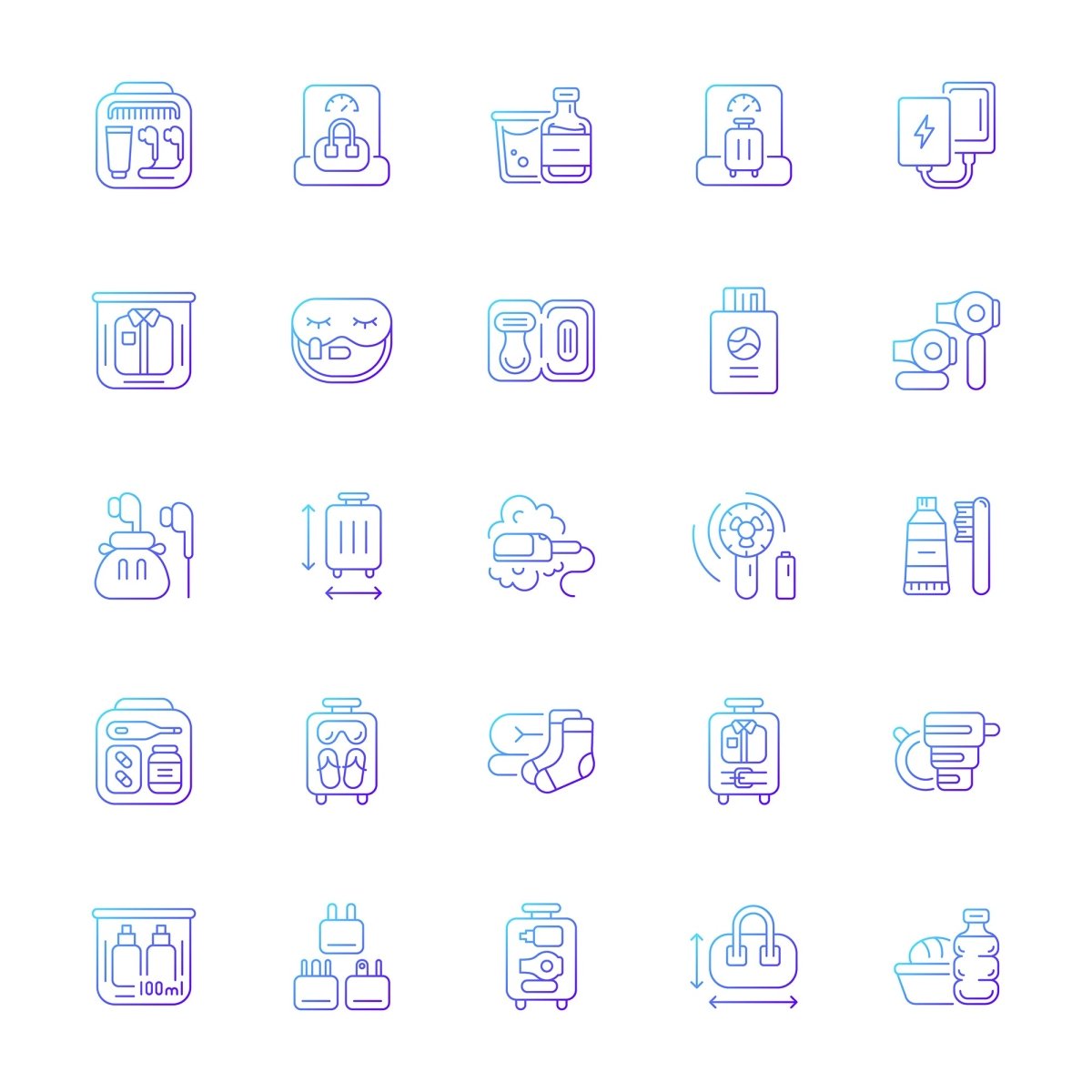 Travel size objects gradient linear vector icons set