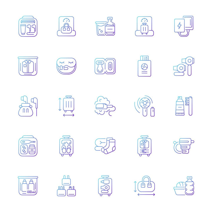 Travel size objects gradient linear vector icons set
