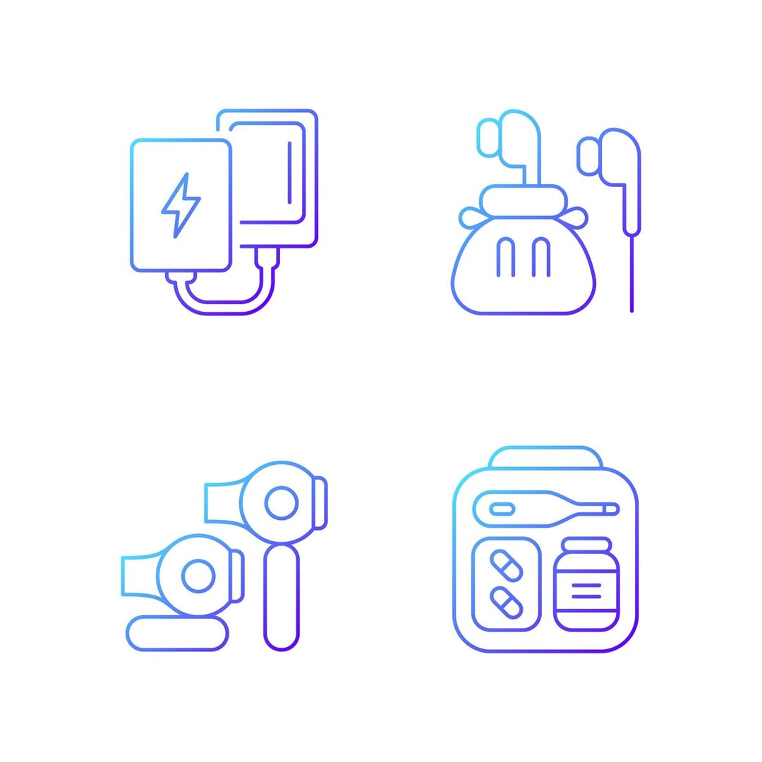 Travel size objects gradient linear vector icons set